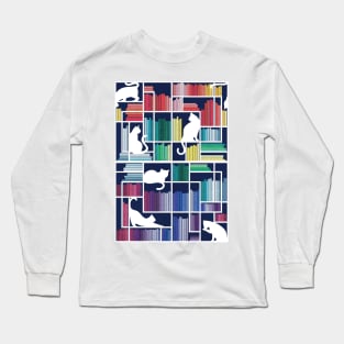 Rainbow bookshelf // navy blue background white shelf and library cats Long Sleeve T-Shirt